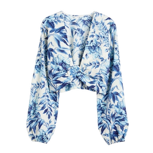 H&M blue floral linen blend top